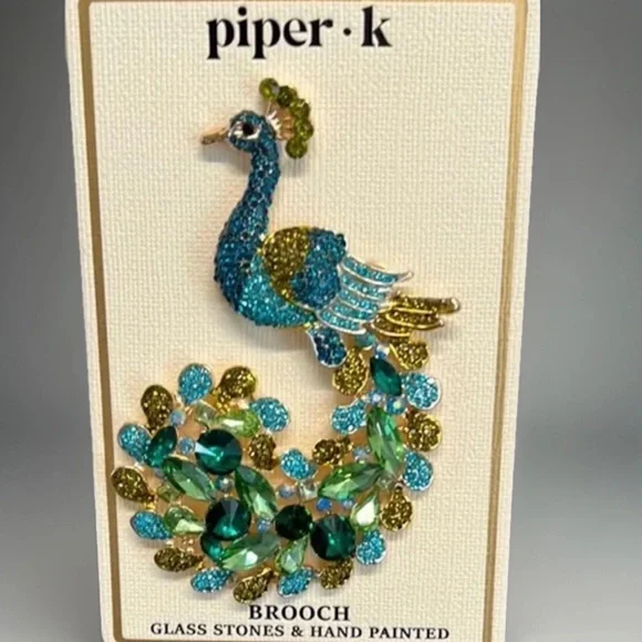 Piper K Vibrant Peacock Brooch with Blue and Green Accents - Picture 1 of 4
